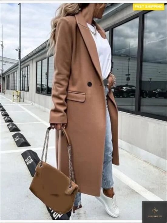 Classic Long Wool Pea Coat Notch Lapel Dressy Overcoat Fall Winter Chic - Picture 2 of 3